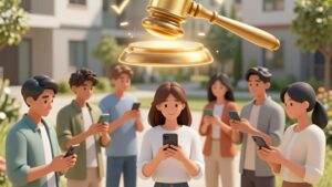 Соседи с смартфонами под золотым молотком правосудия подтверждают легальность онлайн-голосования МКД в 2026 году